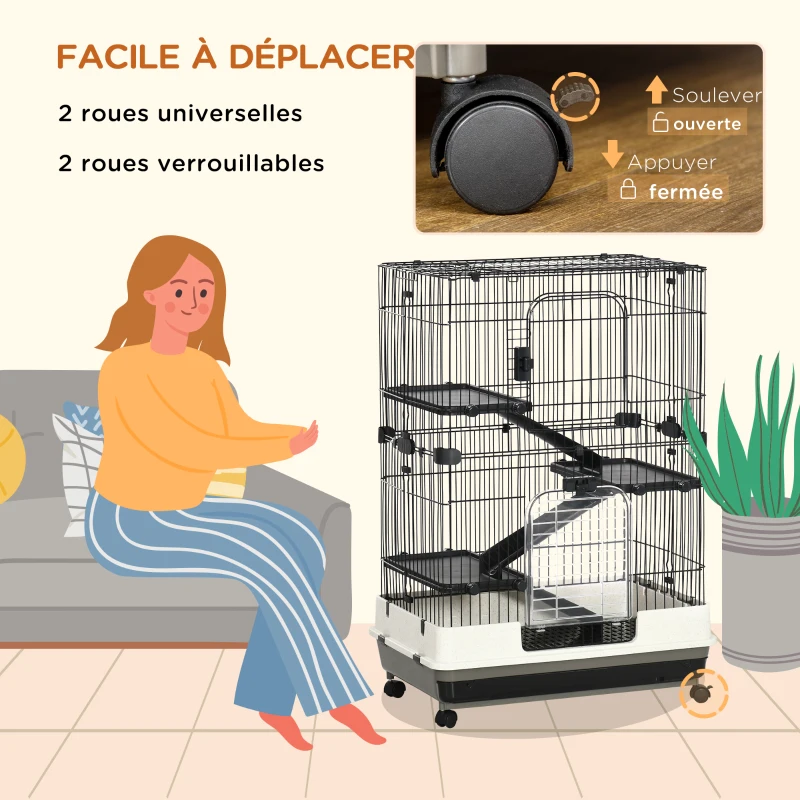 PawHut Cage pour petits animaux roulante 3 plates-formes démontables 3 rampes plateau inférieur amovible métal PP 81,2 x 52,7 x 114 cm noir