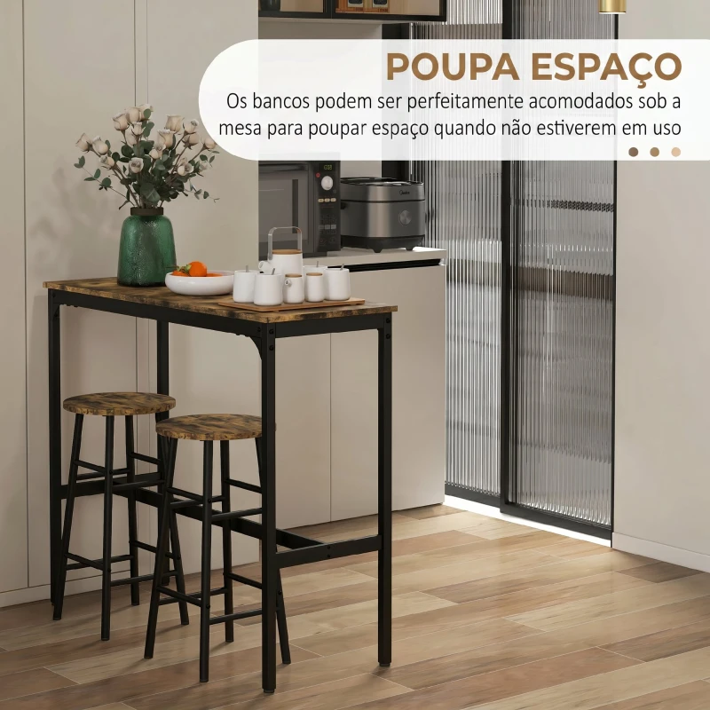 HOMCOM Conjunto de Mesa Alta de Cozinha com 2 Bancos, Estrutura em Aço, Estilo Industrial, para Sala de Jantar, Castanho Rústico