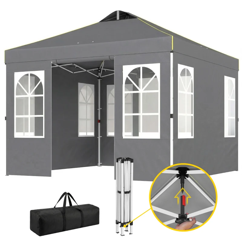Outsunny Tenda Dobrável 3x3 m Pop-up com UPF50+, 4 Laterais Removíveis, Altura Ajustável e Bolsa de Transporte - Cinzento Escuro