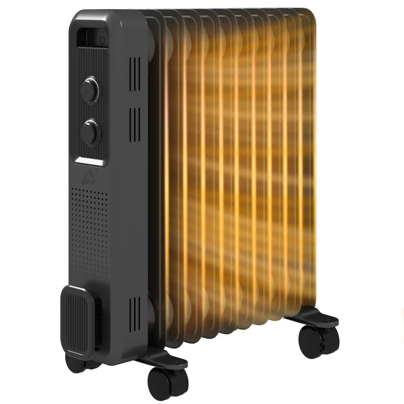 HOMCOM 2500W Oil Filled Radiator, 11 Fin, Portable Electric Heater with 3 Heat Settings, Safety Cut-Off and Wheels, Grey