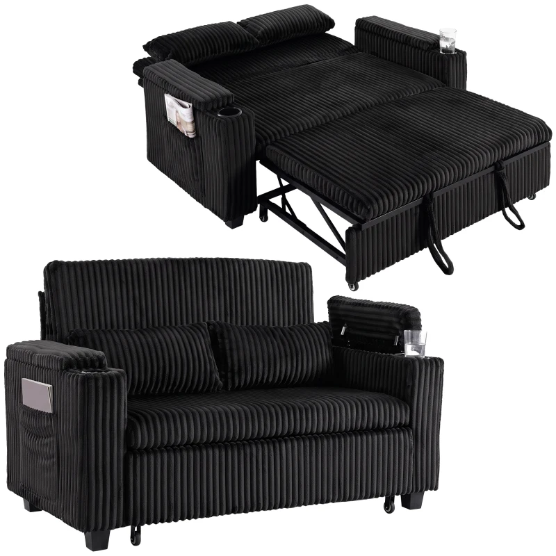 HOMCOM 2 Seater Sofa Bed, Pull Out Sleeper Sofa w/ Adjustable Backrest, Storage Armrests, Cup Holders, Side Pockets, Black