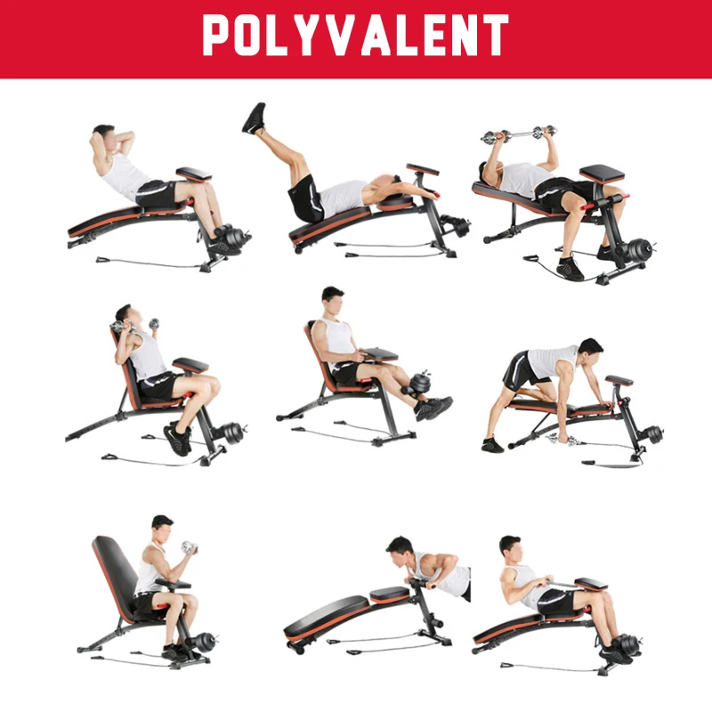 HOMCOM Banc de musculation pliable inclinable réglable sangles élastiques support haltères inclus acier noir rouge + Ensemble d'haltères Courtes Total 20 Kg acier HDPE noir