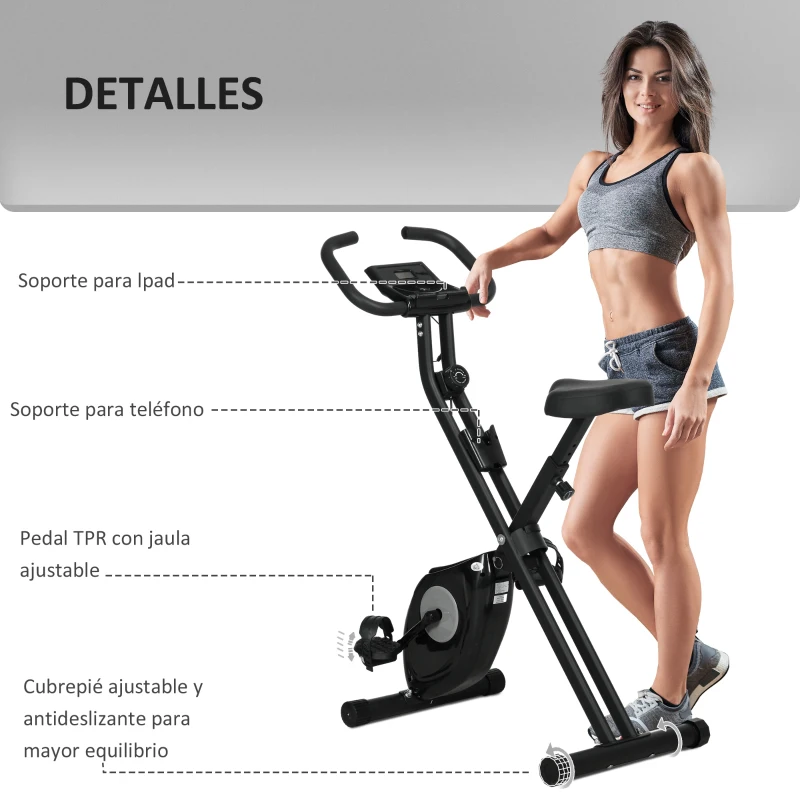 HOMCOM Bicicleta Estática Plegable con 8 Niveles de Resistencia Magnética Pantalla LCD y Asiento Regulable 43x85x109cm Negro
