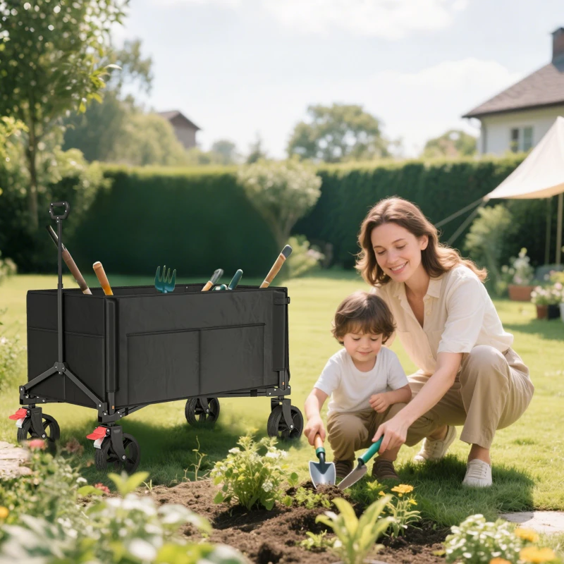 Outsunny Festival Trolley on Wheels, 150L Folding Camping Trolley Cart with Openable Sides, Adjustable Handle and Brakes for Shopping Beach Garden Fishing, Black