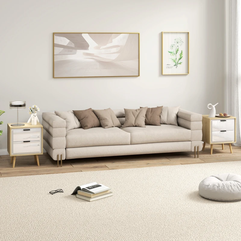HOMCOM Conjunto de 2 Mesas de Cabeceira Modernas com 2 Gavetas de Deslizamento Silencioso Pés de Madeira 40x35x50 cm Branco Brilhante e Carvalho
