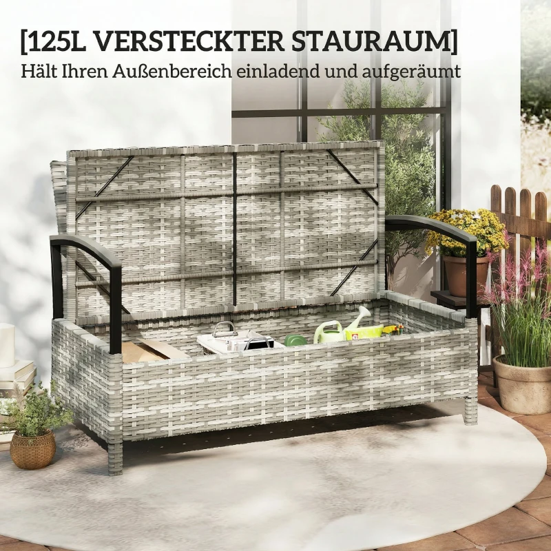 Outsunny Tuinbank met opbergruimte 2-zits bank met kussen en handgrepen 125L poly-rattan 123 x 70 x 82 cm donkergrijs
