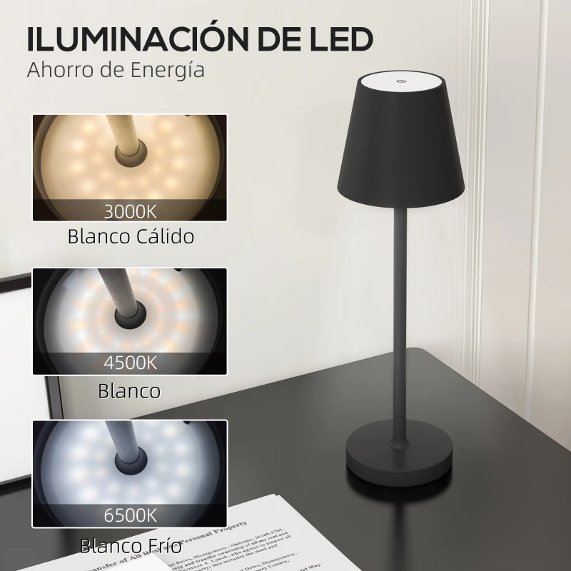 HOMCOM Lámpara de Mesita de Noche Inalámbrica con Luces LED Lámpara de Mesa USB-C Recargable 3 Colores Ø11,2x36,5 cm Negro