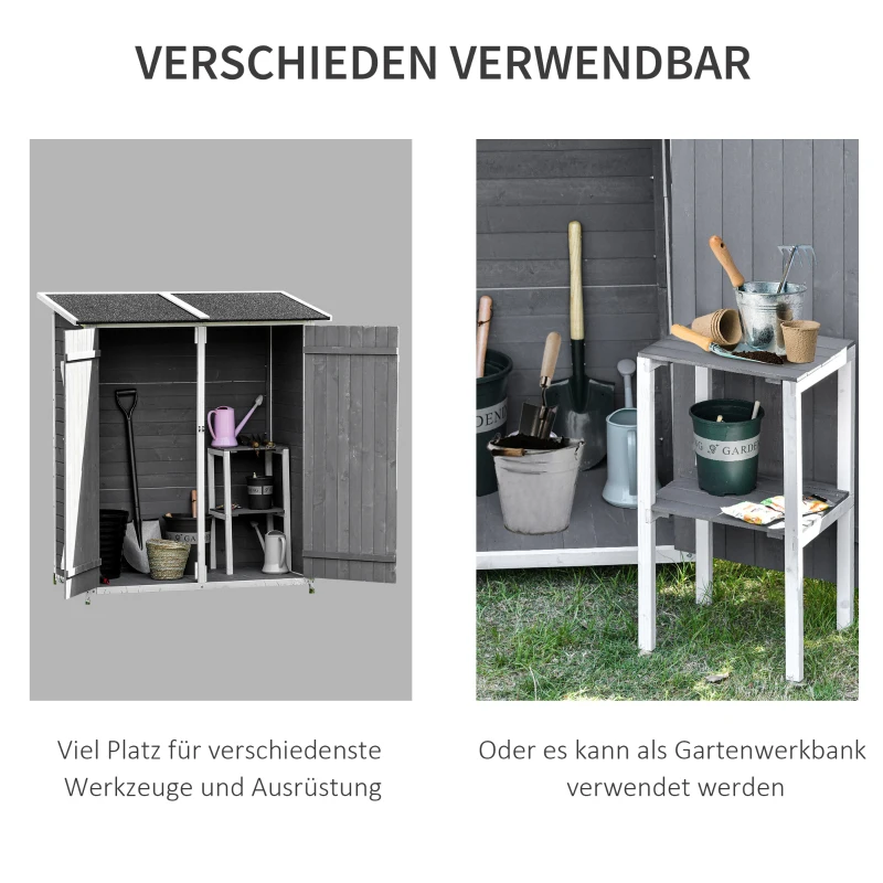 Outsunny tuinkast gereedschapsschuur met 2 deuren asfalt dak dennenhout grijs + wit