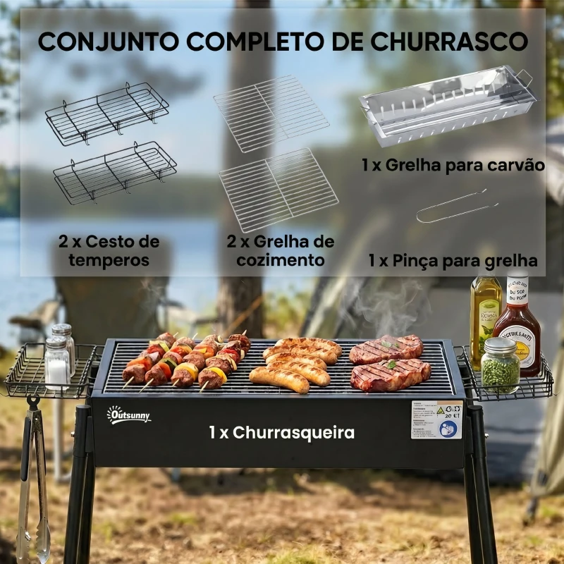 Outsunny Barbecue a Carvão com 2 Grelhas de Aço Inoxidável Portátil com 2 Prateleiras para Temperos com Ganchos 77x30x70 cm Preto