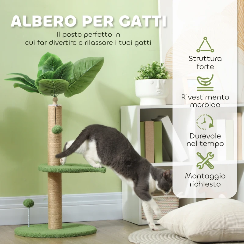 PawHut Albero per Gatti con Palo Tiragraffi, Piattaforme e Palline, in Peluche e Truciolato, Ø40x83 cm, Verde