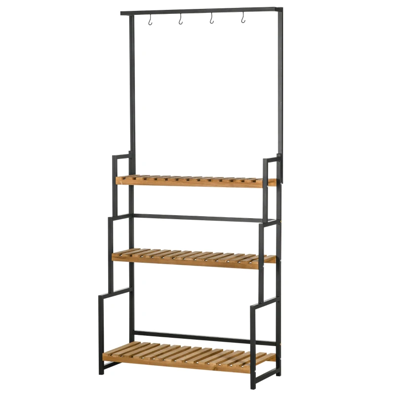 Outsunny 3-laags plantenrek, bloementrap met bevestigingshaken, tuinplantenstandaard, natuurlijk hout, 80 cm x 36 cm x 174 cm