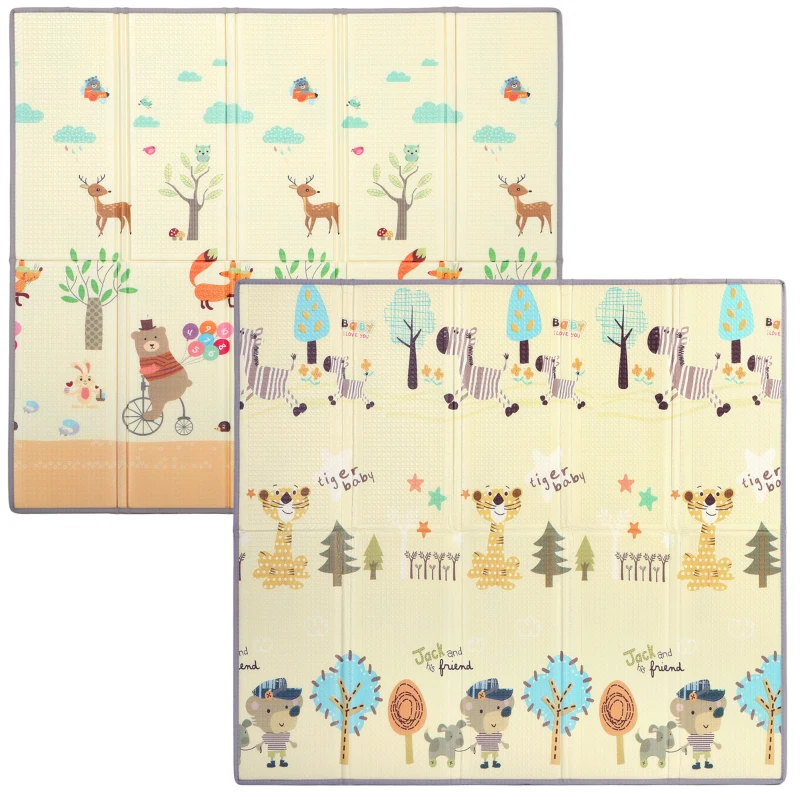 AIYAPLAY Krabbelmatte Faltbar Beidseitig Spielmatte Baby mit Waldtieren- & Naturmotiv 200 x 180 cm für Kinder 0-3 Jahre