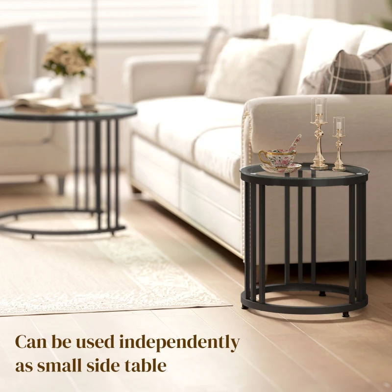 HOMCOM Round Coffee Tables Set of 2, Nesting Tables with Tempered Glass Top and Steel Frame, Black