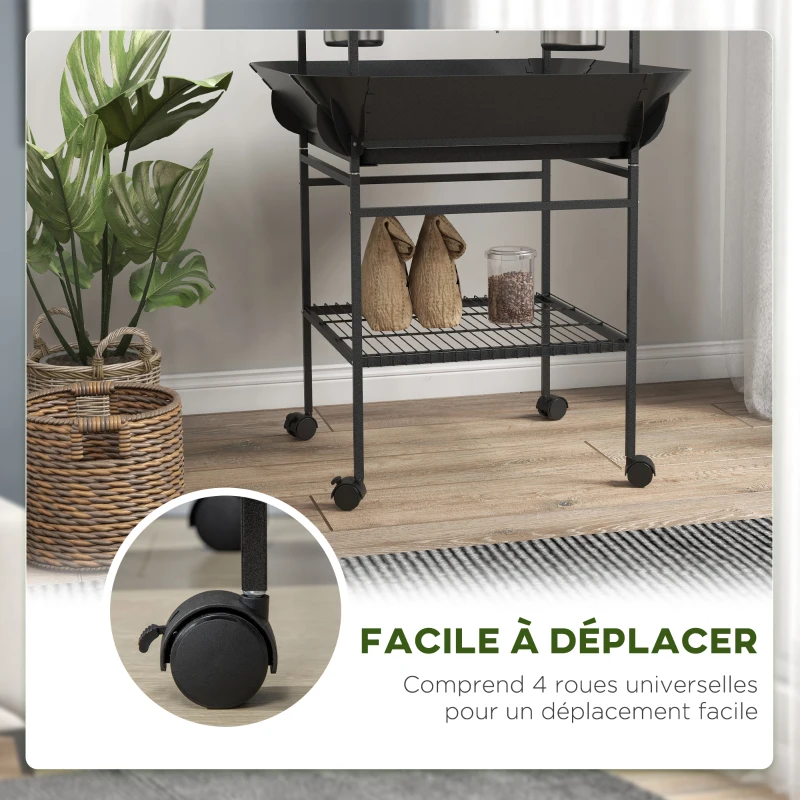 PawHut Aire de jeu sur roulettes pour oiseaux 3 perchoirs en bois 1 échelle 2 mangeoires en inox 155 cm gris foncé