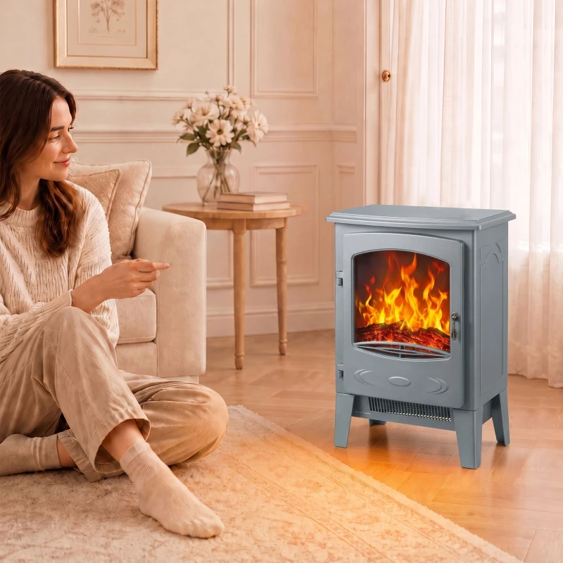 HOMCOM Electric Fireplace, Freestanding Electric Fire with Realistic Flame Effect, Log Burner, 1000W/ 2000W, Grey