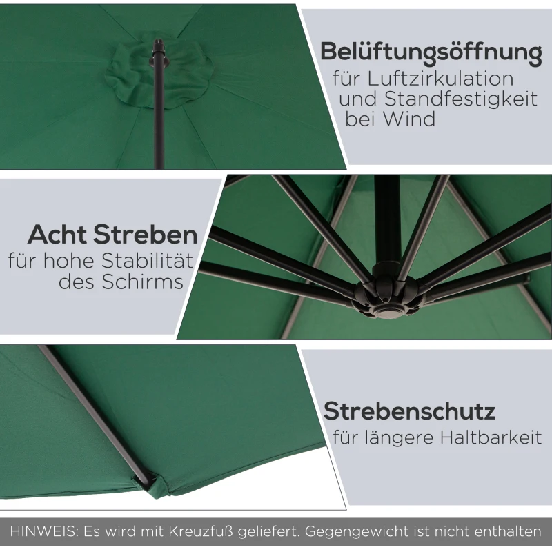 Outsunny Parasol met Handzwengel Weerbestendig 3 m x 3 m x 2,5 m XXL Groen