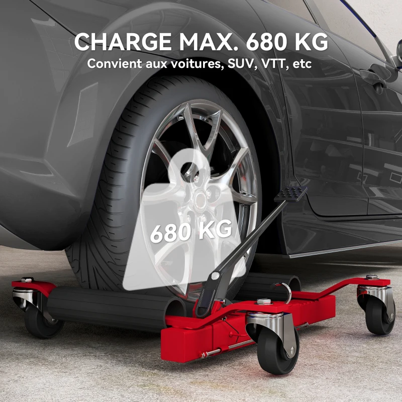 HOMCOM Chariot de manutention de voiture capacité 680 kg largeur de pneu 30 cm, 63 x 57-72 x 33 cm, rouge