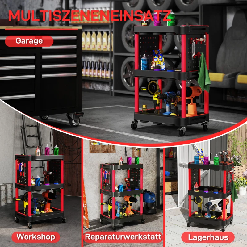 HOMCOM Gereedschapswagen, Drie Niveaus, 4 Wielen, Kunststof, 10 Haken, Zwart+Rood