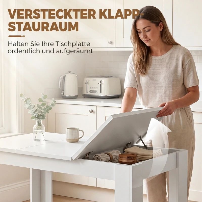 HOMCOM Eettafel met verborgen opbergruimte, rechthoekige keukentafel met zijvakken, wit