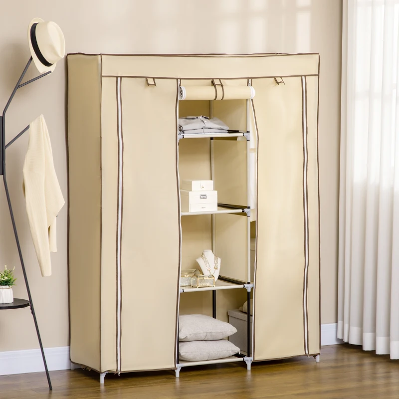 HOMCOM Schrank aus Stoff, Aufbewahrungslösung, 8 Regale, 2 Kleiderstangen, Beige