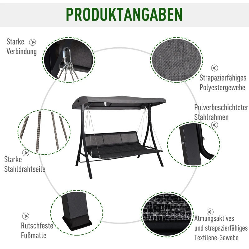 Outsunny Hollywoodschommel 3-zitter tuinschommel verstelbaar dak Textileen grijs