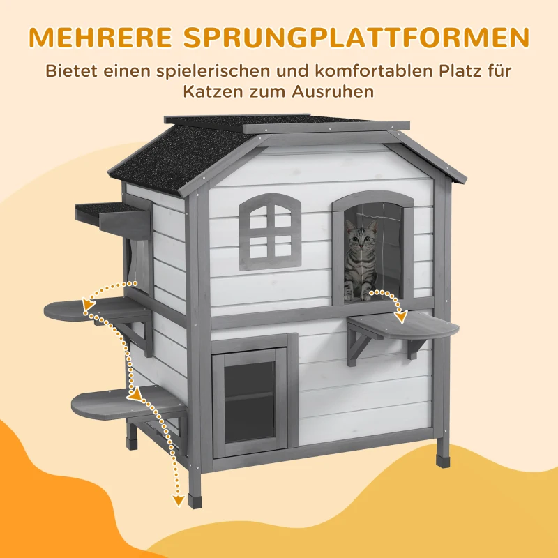 PawHut Kattenhuis Kattenhok Kattenhol, 2 Verdiepingen, weerbestendig, 78,1 cm x 55,2 cm x 90,8 cm, Wit + Grijs