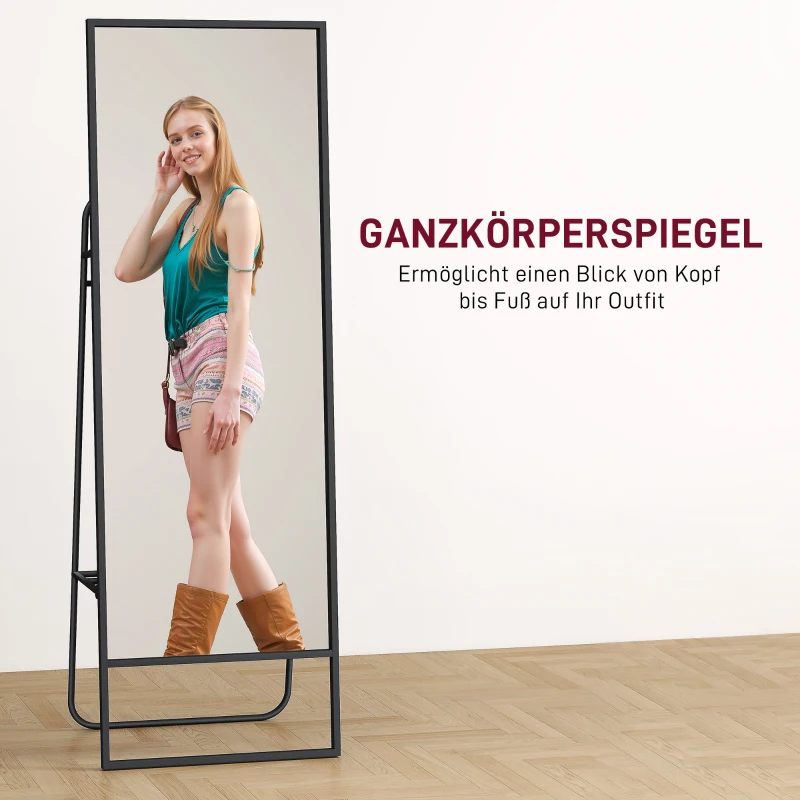 HOMCOM Passpiegel met industrieel design, achterplank, 2 haken en metalen frame, voor slaapkamer, 157 x 50 cm, zwart