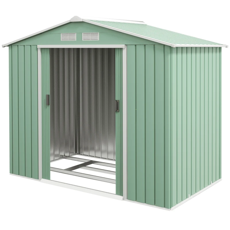 Outsunny Abrigo de Jardim 213x130x185cm Abrigo de Jardim Metálico de Exterior com 2 Portas Deslizantes e 4 Janelas Verde Claro