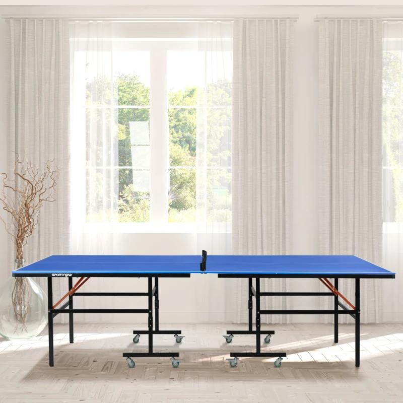 SPORTNOW Mesa de Ping Pong Dobrável com Rodas para Interior e Exterior Tamanho Padrão com Rede Raquetes e Bolas 274x152,5x76 cm Azul
