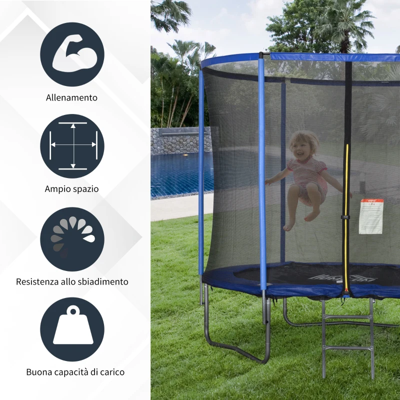 HOMCOM Trampolino Elastico da Esterno, Tappeto Elastico per Adulti da Giardino con Rete di Sicurezza e Bordo Imbottito, Giochi da Giardino e Casa, Ø244x240cm, Blu e Nero