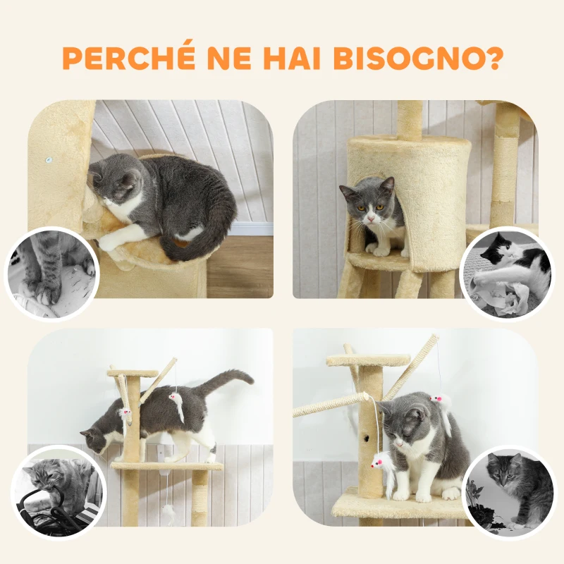 PawHut Torre per Gatti con Casetta, Trespolo, Piattaforme e 4 Topolini Appesi, 60x35x134 cm, Beige
