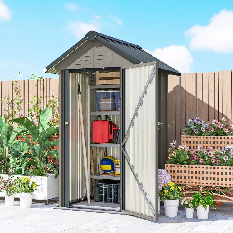 Outsunny Metall Gerätehaus 1,17 m², Geräteschuppen mit Satteldach Lüftung Schloss Handschuhen, 122 x 121 x 192 cm