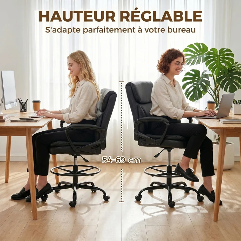 HOMCOM Chaise bureau ergonomique, chaise de dessin réglable en hauteur, repose-pieds réglable, 61 x 61 x 108 cm, noir
