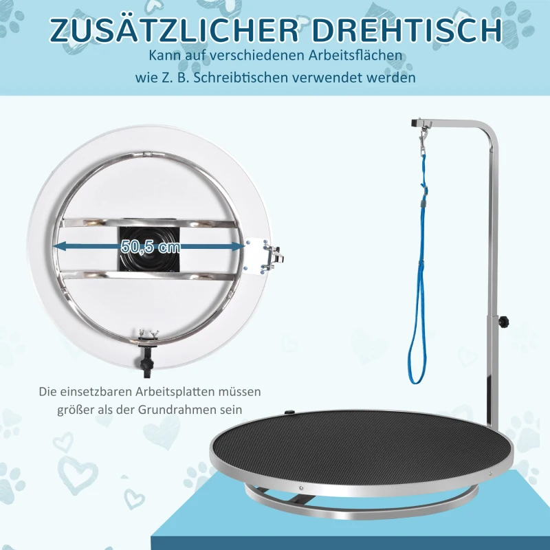 PawHut hondentrimtafel dierenverzorgingstafel draaibare droogtafel met verstelbare arm antislip tafelblad vergrendelingssysteem aluminiumlegering rand roestvrij stalen frame veiligheidslijn Ø65x 10 h