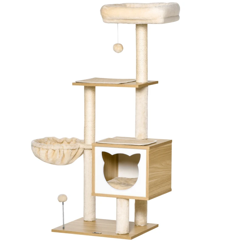 PawHut Tiragraffi per Gatti con 2 Pali, Casetta, Amaca, Lettino e 2 Palline, in Legno, Pile e Sisal, 48x40x126 cm