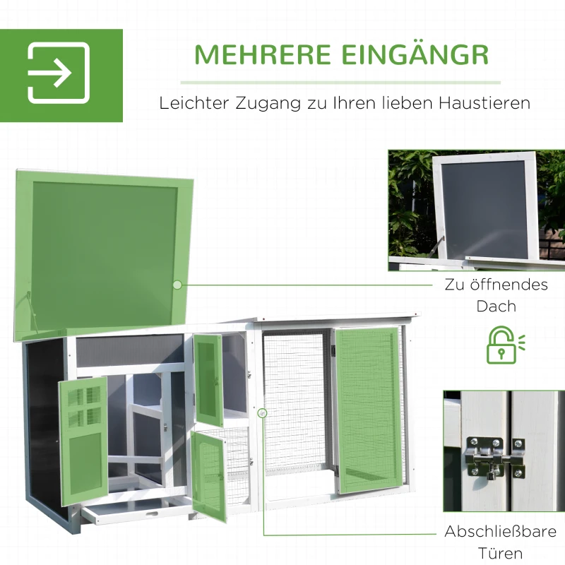 PawHut Hühnerstall Hühnerhaus aus Holz 160 x 75 x 80 cm Freilaufgehege mit Tür Nistkasten wasserdicht Dach herausziehbarem Tablett Sitzstange Auslauf Hühnergehege für 1-2 Hühner für Garten Grau+Weiß