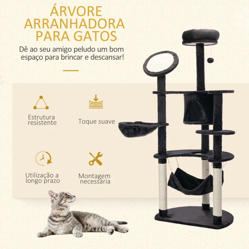 PawHut Árvore Arranhador para Gatos Grande Altura 153cm Torre de Escalada para Gatos com Caverna Redes Plataformas Postes Arranhadores de Sisal e Bola Suspensa Cinza Escuro