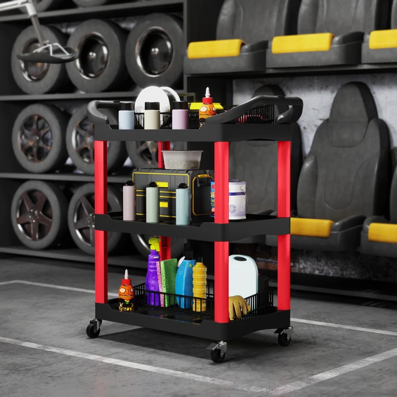 HOMCOM Carrello Porta Attrezzi a 3 Livelli in Plastica con Maniglie e Ruote, Capacità 91 kg, 83x43x97 cm, Rosso