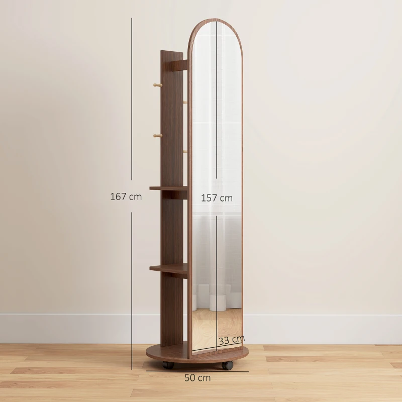 HOMCOM 2-in-1 Full Length Mirror with Storage Shelves, Floor Mirror with 4 Wheels, Coat Rack, Hooks, Brown Wood Effect