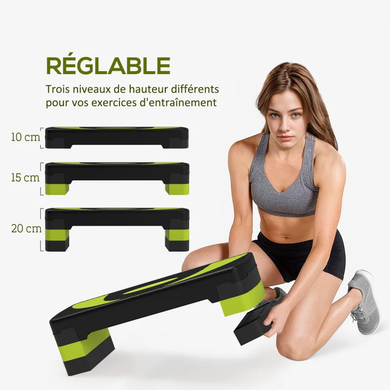 HOMCOM Stepper fitness aérobic hauteur réglable surface antidérapante 80 x 31 x 20 cm noir vert