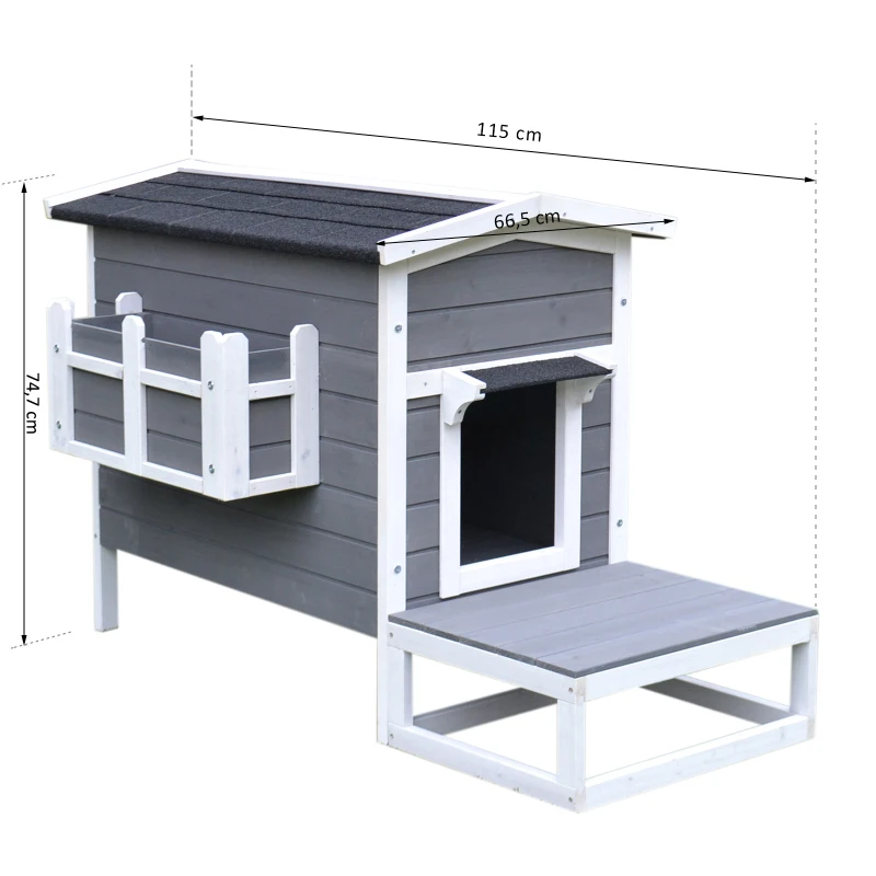 PawHut Cuccia per Gatti Rialzata con Balconcino e Tetto Impermeabile da Giardino Legno 115x66.5x74.7cm Grigio