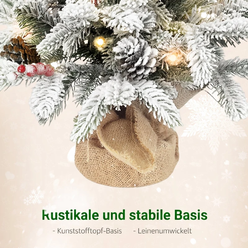 HOMCOM mini kerstboom 60 cm met 35 leds, sneeuweffect, tafelkerstboom met dennenappels, kunstkerstboom wit