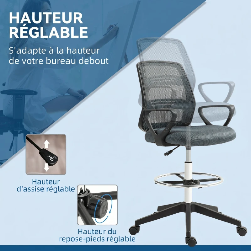Vinsetto Fauteuil de bureau chaise de bureau assise haute réglable tabouret de bureau pivotant 360° maille respirante