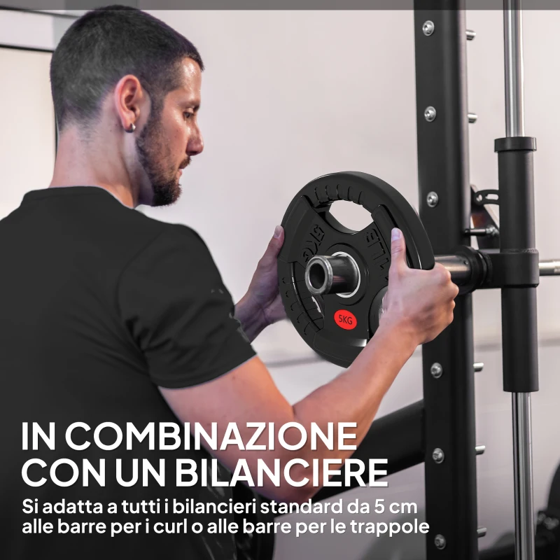 SPORTNOW Set di Dischi Pesi 2x5 kg con Foro da 5 cm e 3 Impugnature, Acciaio con Rivestimento in Plastica, Nero