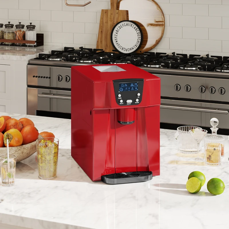 HOMCOM 3L Ice Maker Machine and Water Dispenser, 12kg in 24H, 2 Sizes 9 Ice Cubes Ready in 6-10 Mins Ice Machine, Red
