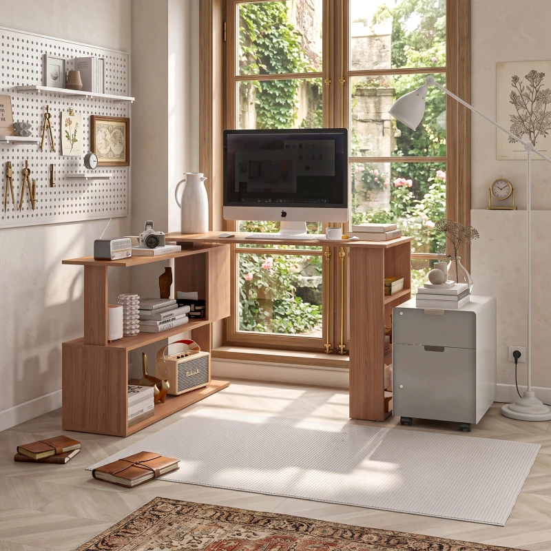 HOMCOM Secretária em L com Estante e Prateleiras para Escritório e Estudo 120x110x74,5 cm Cor Ácer