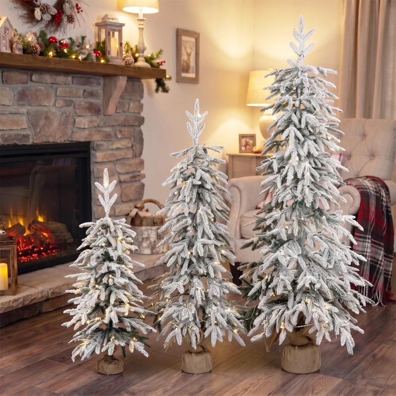 HOMCOM Prelit Flocked Artificial Christmas Tree Set of 3 Snowy Xmas Tree Warm White LED Lights (3FT+4FT+5FT)