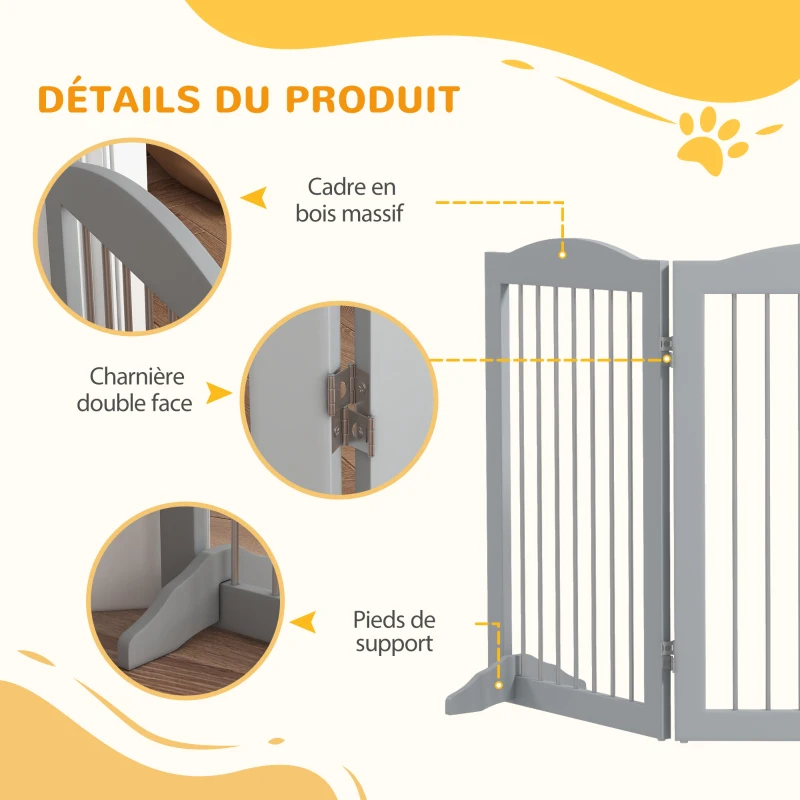 PawHut Barriere de sécurité pliable barrière chien trois plaques avec deux pieds de soutien 154 x 30 x 80 cm gris