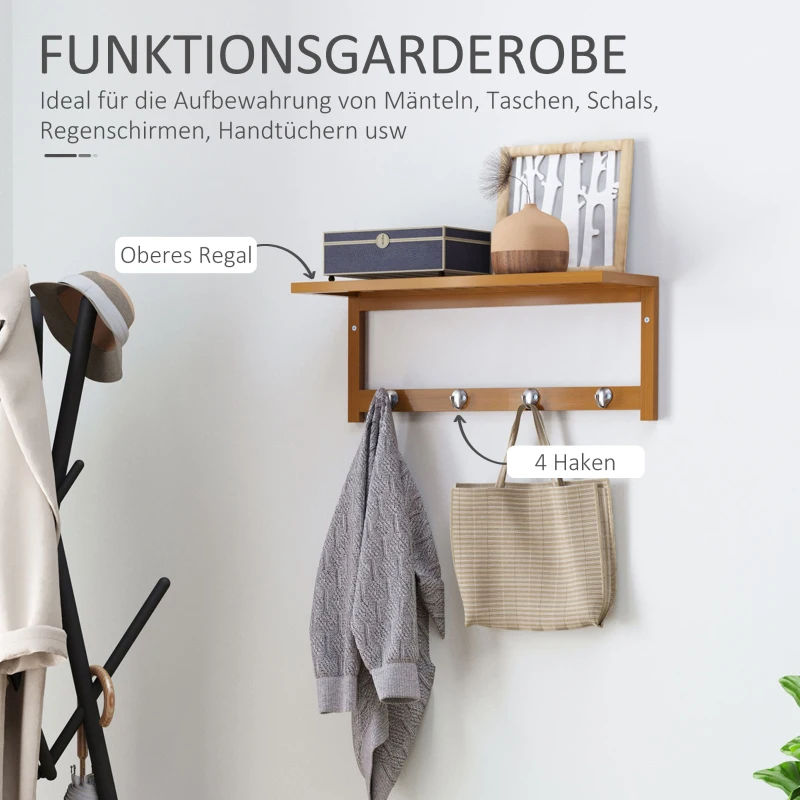 HOMCOM Wandgarderobe met haken, wandmontage, ruimtebesparend, draagvermogen 5 kg, 50 x 16 x 17,5 cm, Natuurhout