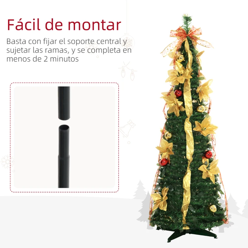 HOMCOM Árbol de Navidad Plegable con Luces LED en Blanco Cálido y Adornos Pre-instalados para Interior Ø50x150 cm Verde